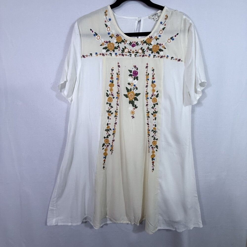 Umgee Cream White Floral Embroidered Short Sleeve Sheer Sheath Dress Size L Boho
